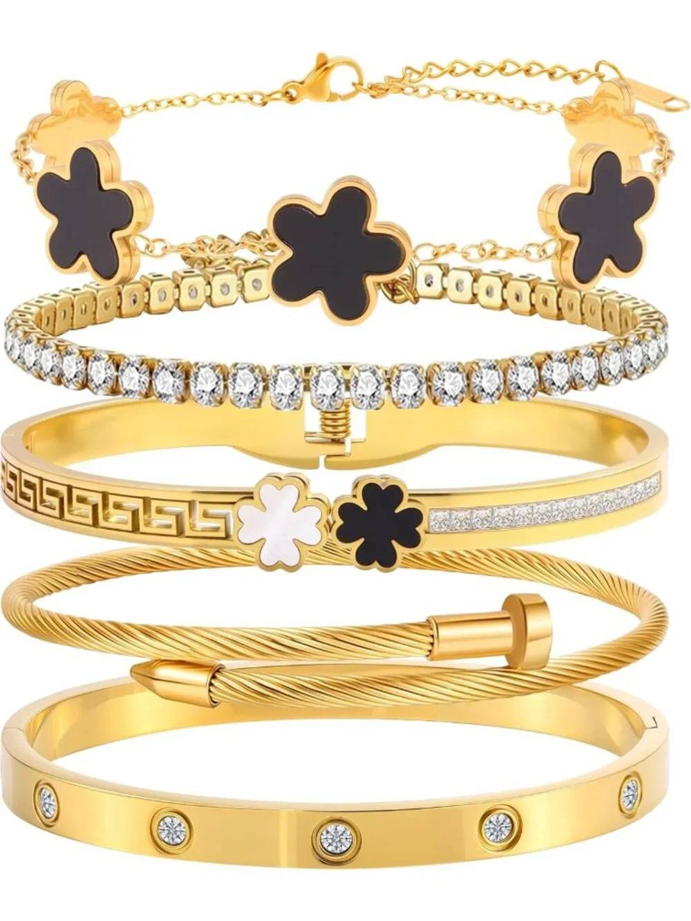 Stackable Silver Bangle Bracelets for Women - Non-Tarnish Clover Charm Gift